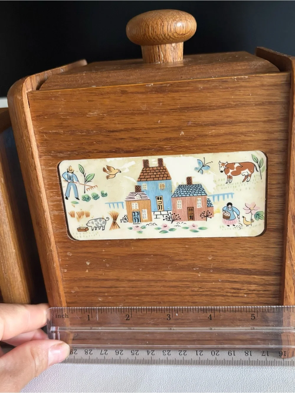 Vintage heartland village Wood Canister Set with Country Scene Tiles